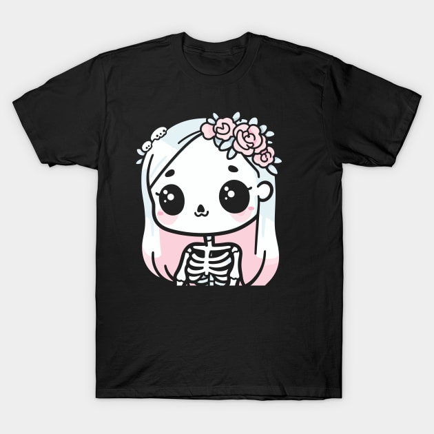 Cute Skeleton Girl with Flowers on Her Hair | Halloween Design in Kawaii Style T-Shirt by Nora Liak